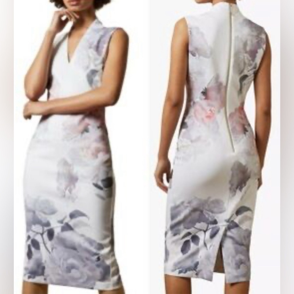 TED BAKER Sz 4 White Pastel Floral Below Knee Slit Back Zipper Closure Lined NEW